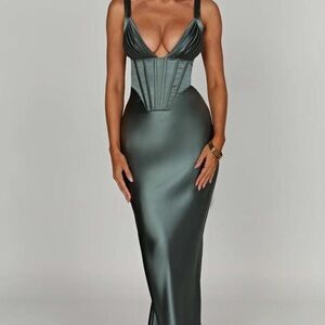 Boohoo Satin Corset Dress in Deep Green